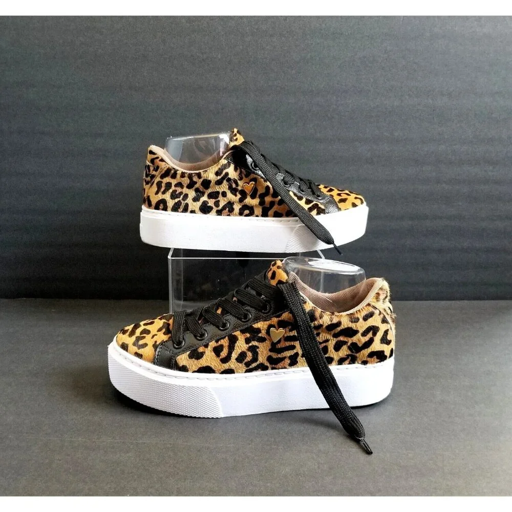 NATALY MENDEZ Brown Leopard Sneakers Sz 37 7 Lace Up Leather Calf Hair - Picture 5 of 15